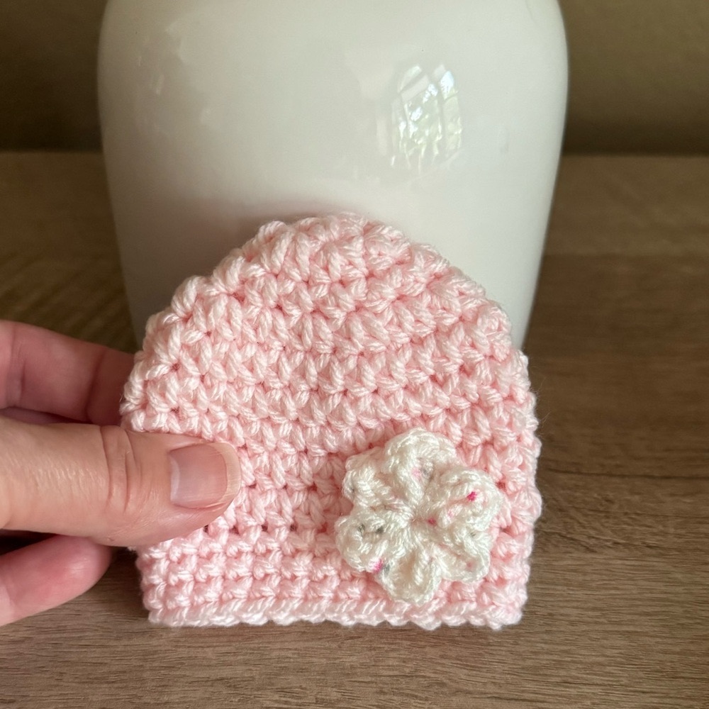 Soft Pink Micro Preemie Baby Beanie with Flower
